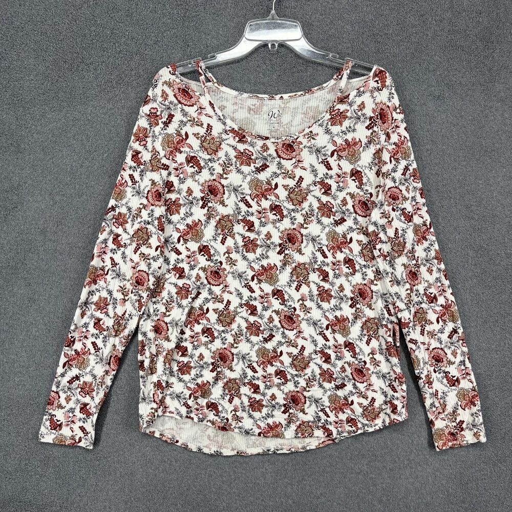 Westport w62 Shirt Womens XL White Floral Long Sleeve Ribbed Stretch Scoop Neck